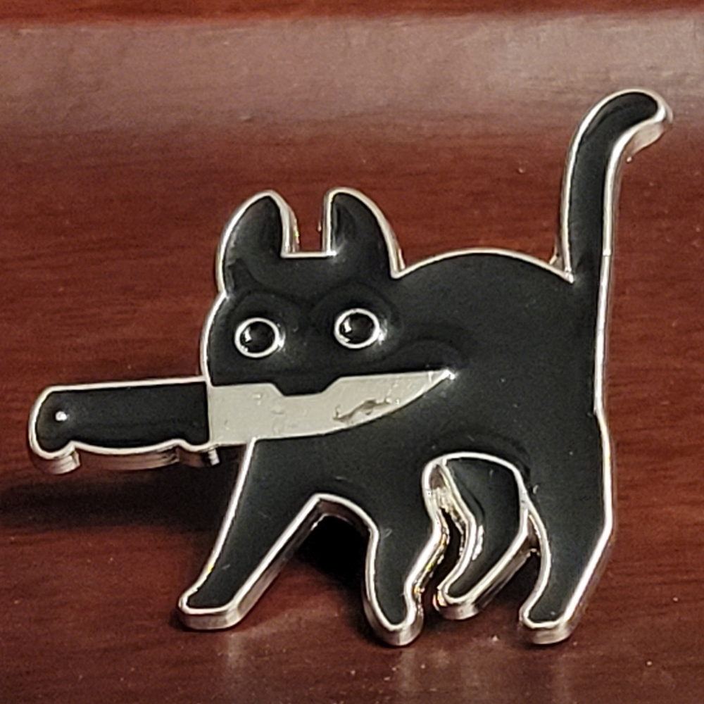 Black Cat With A Knife Enamel Pin - Picture 1 of 9